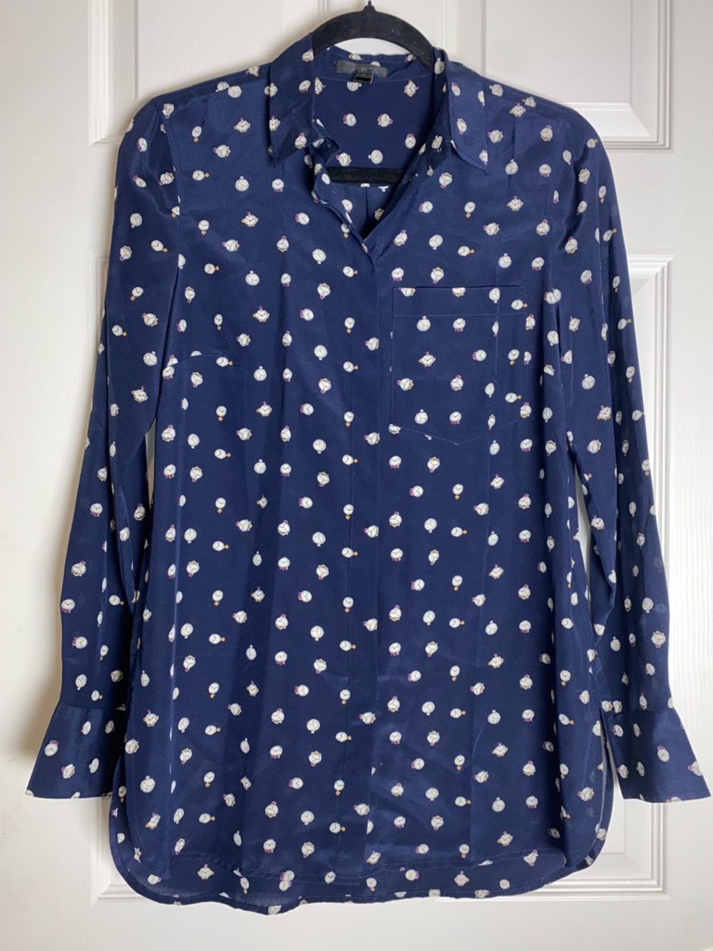 J. Crew 100% Silk Navy Button-Down Blouse with Ticktock Clock Design